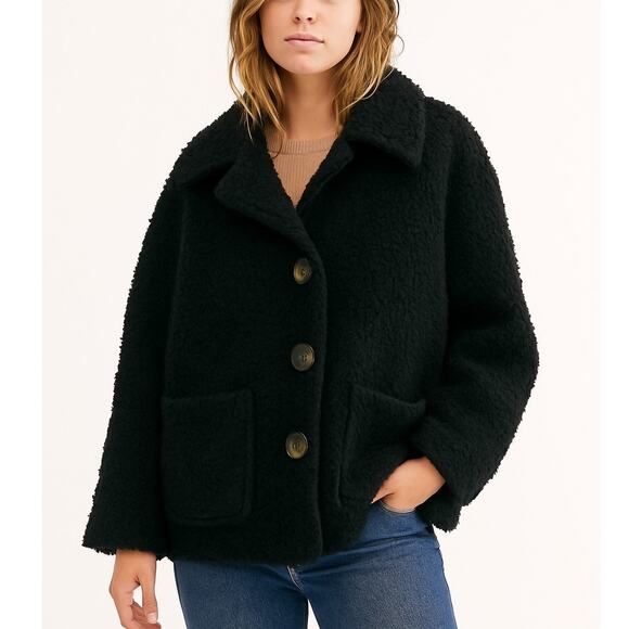 Free People So Soft Faux Shearling Peacoat Coat In Black - Picture 1 of 9